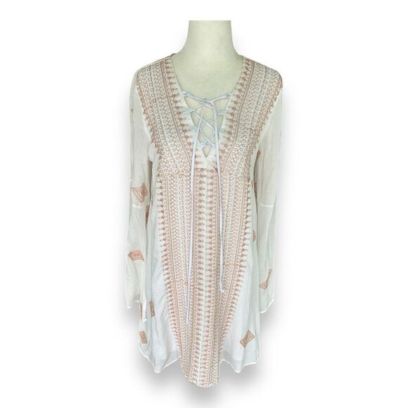 Lulus Celebration of Self Ivory Embroidered Lace-Up Shift Dress Boho Size Medium - Picture 2 of 13